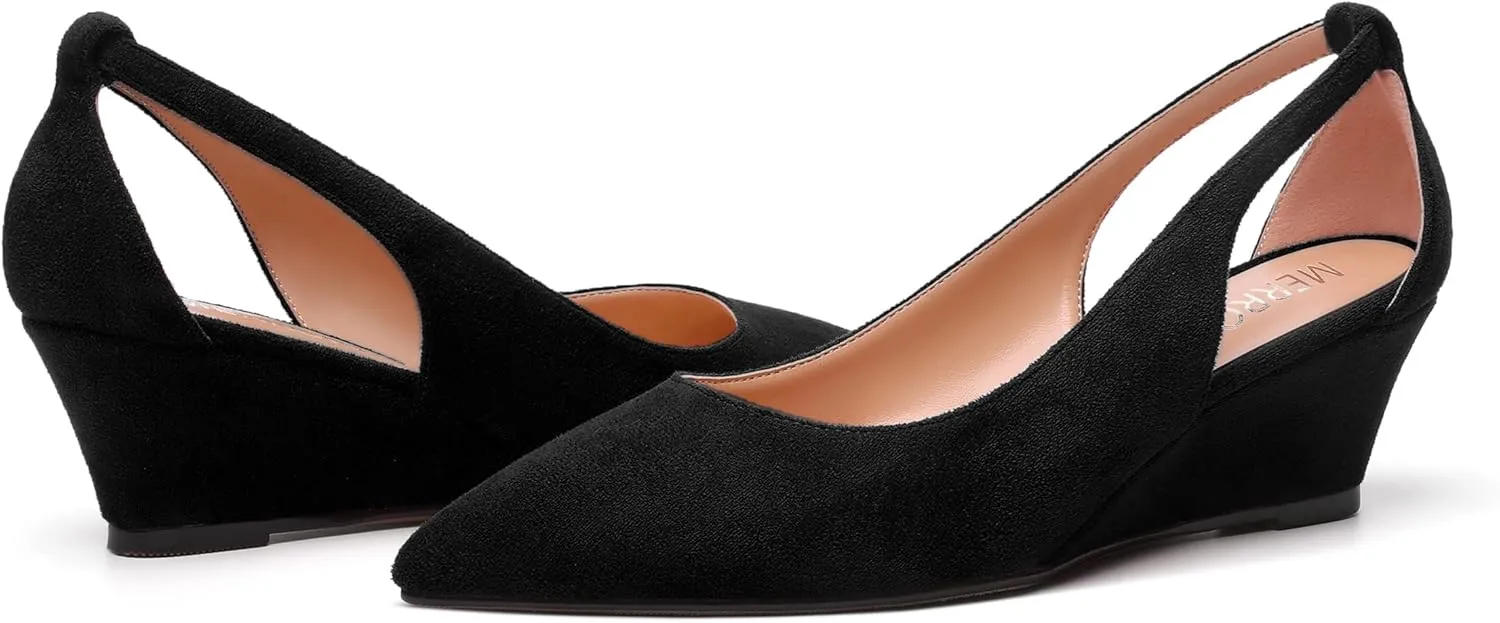 MERRORI Womens Casual Office Pointed Toe Slip On Suede Wedge Low Heel Pumps Shoes 2 Inch