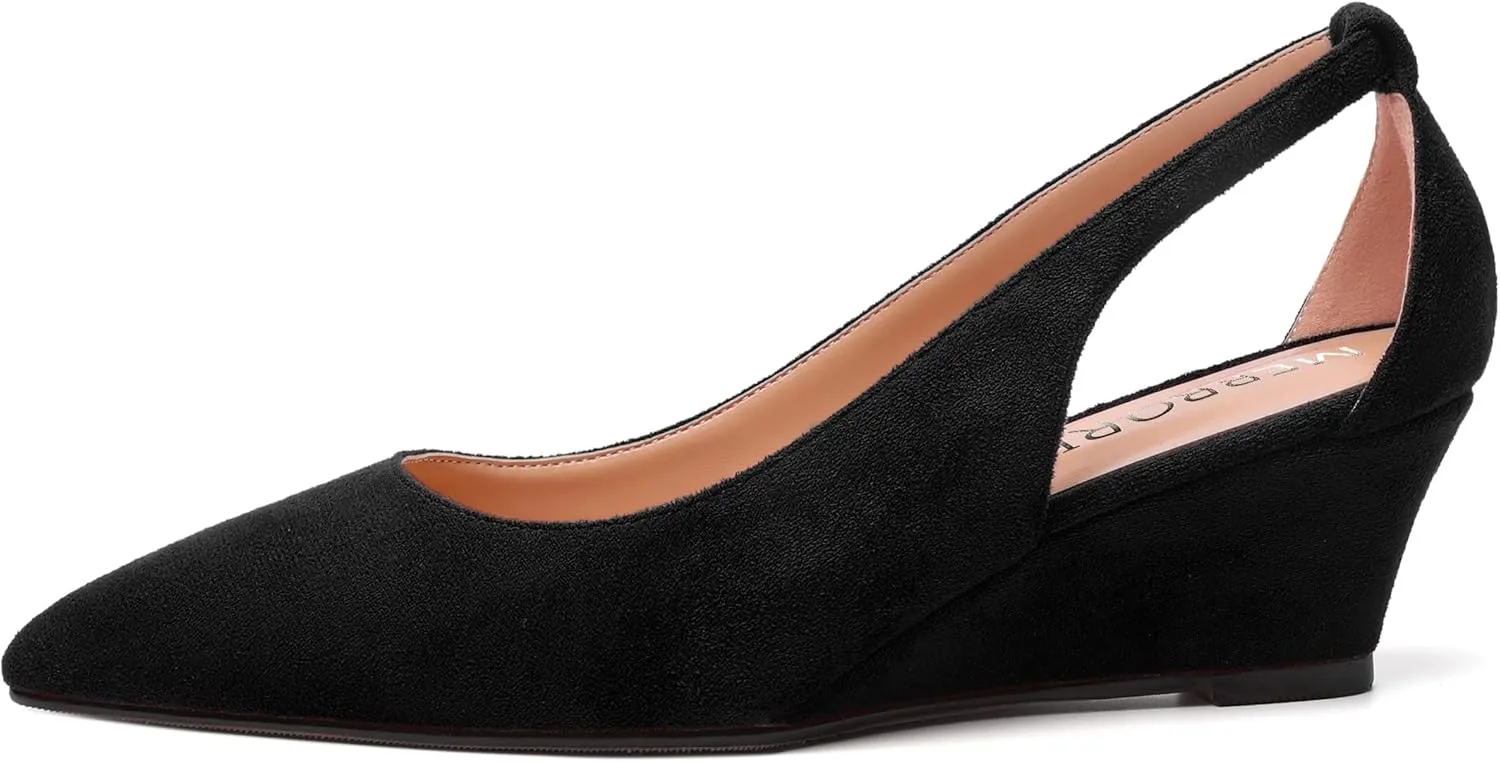 MERRORI Womens Casual Office Pointed Toe Slip On Suede Wedge Low Heel Pumps Shoes 2 Inch