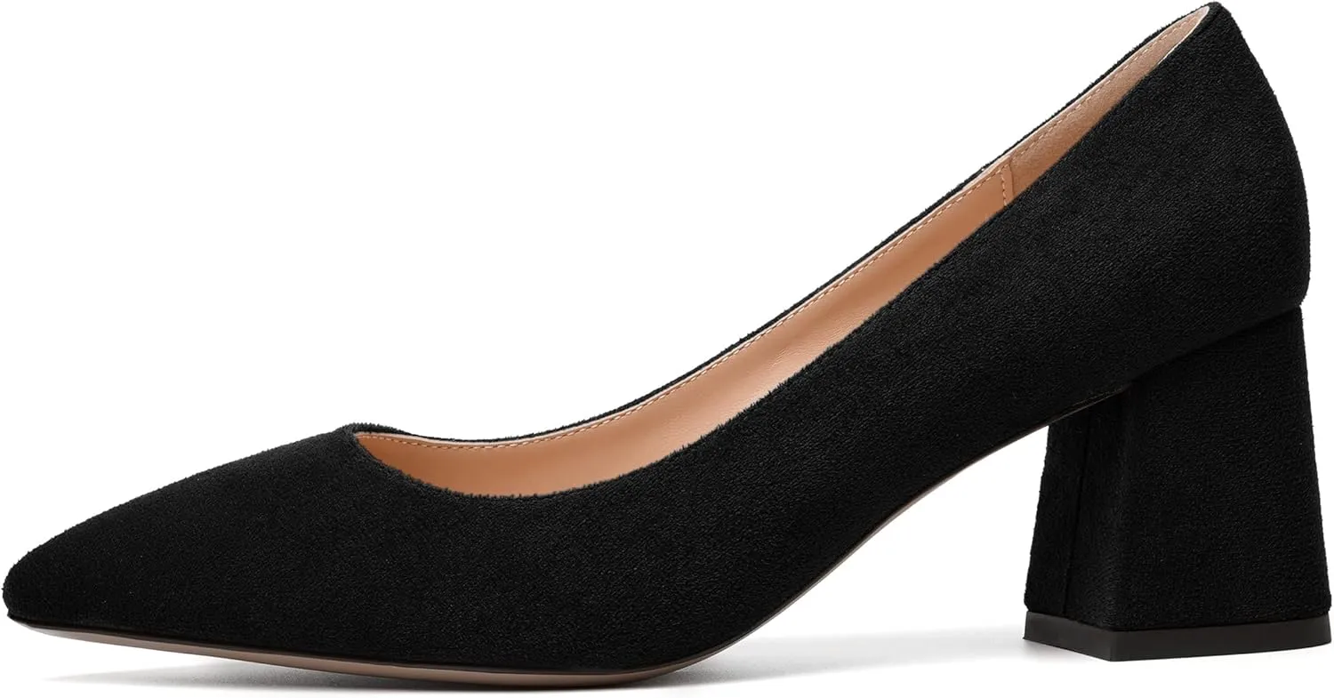MERRORI Women's Mid Chunky Heels Slip On Pointed Toe Suede Casual Block Dating Heel Pumps Shoes 2.5 Inch