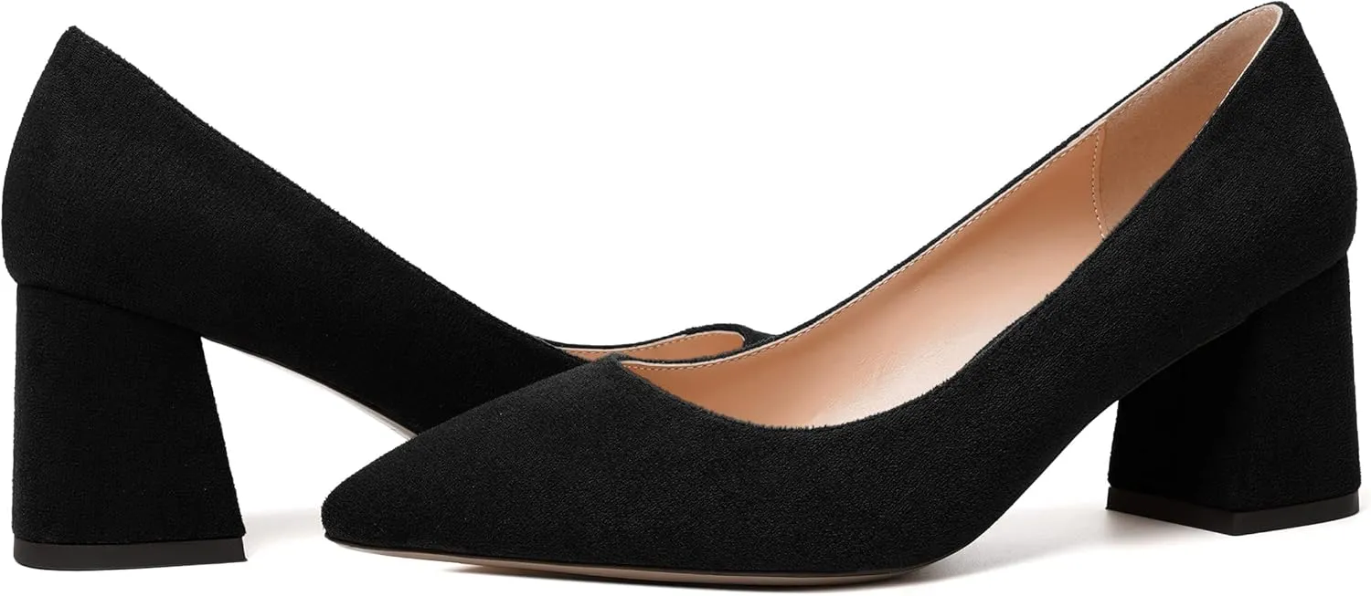 MERRORI Women's Mid Chunky Heels Slip On Pointed Toe Suede Casual Block Dating Heel Pumps Shoes 2.5 Inch