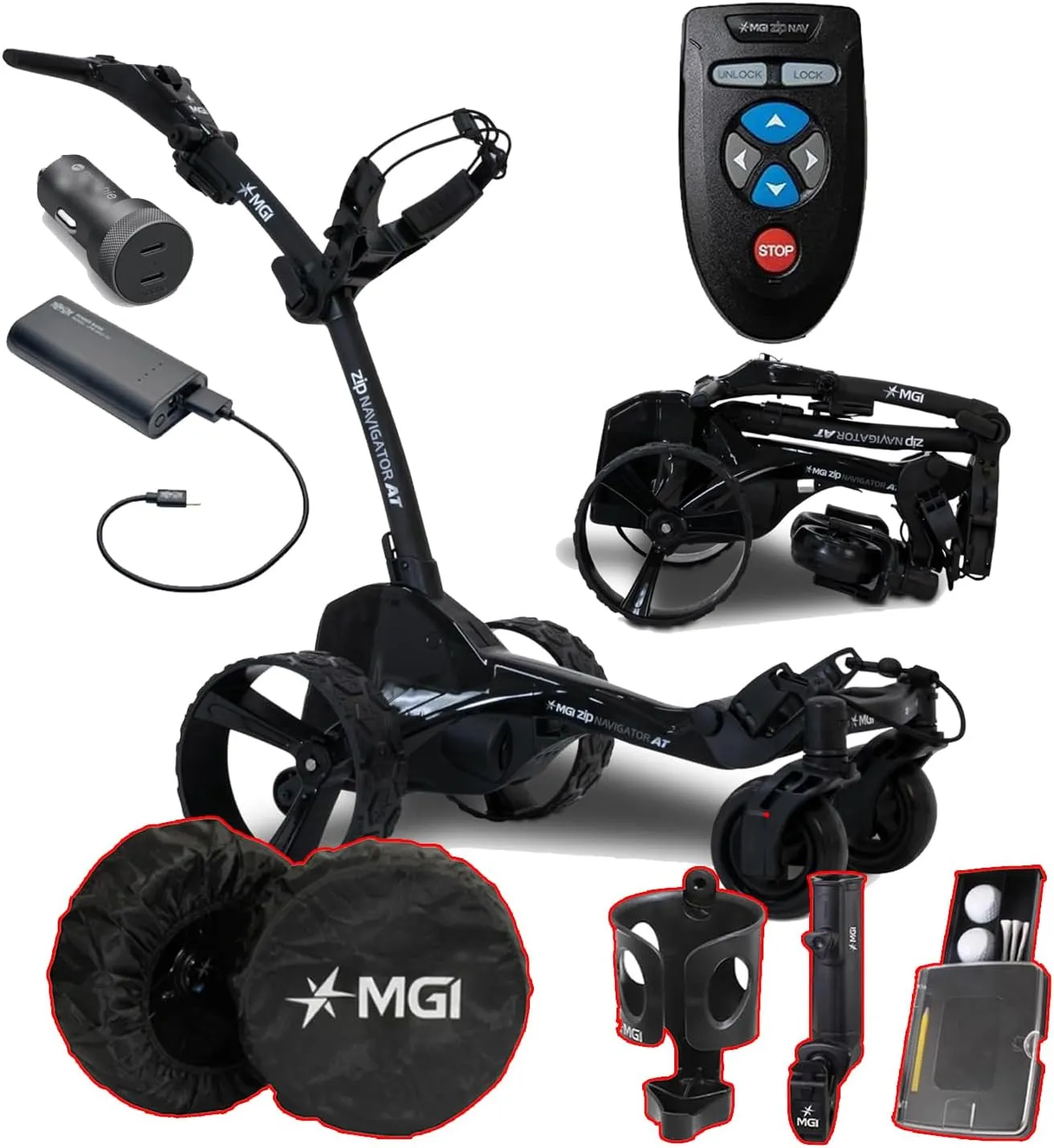MGI Zip Navigator at All-Terrain Remote Golf Cart with Accessories | Power Bundle | 3-Year Warranty | 36 Holes Extended Battery (at -Power)