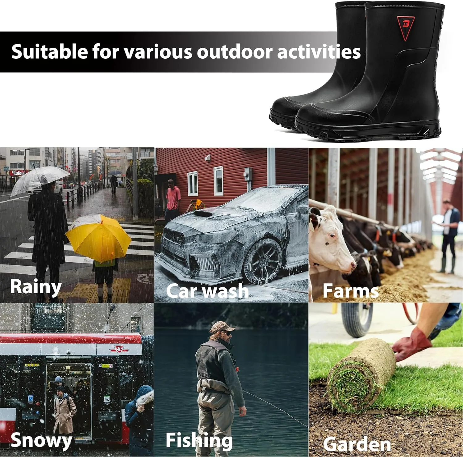 Mid-calf Mens Rain Boots,PVC Rubber Rain Boot Mens Waterproof,Durable Slip Mud Boots for Agriculture and Industrial Working
