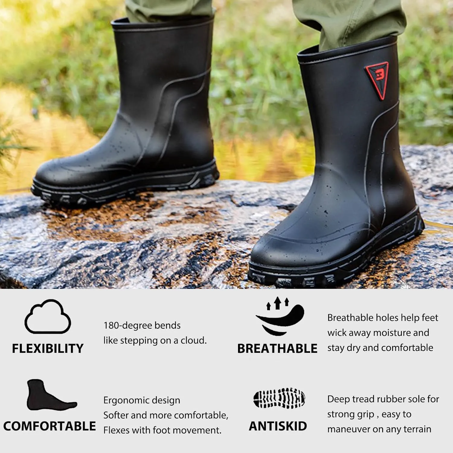 Mid-calf Mens Rain Boots,PVC Rubber Rain Boot Mens Waterproof,Durable Slip Mud Boots for Agriculture and Industrial Working