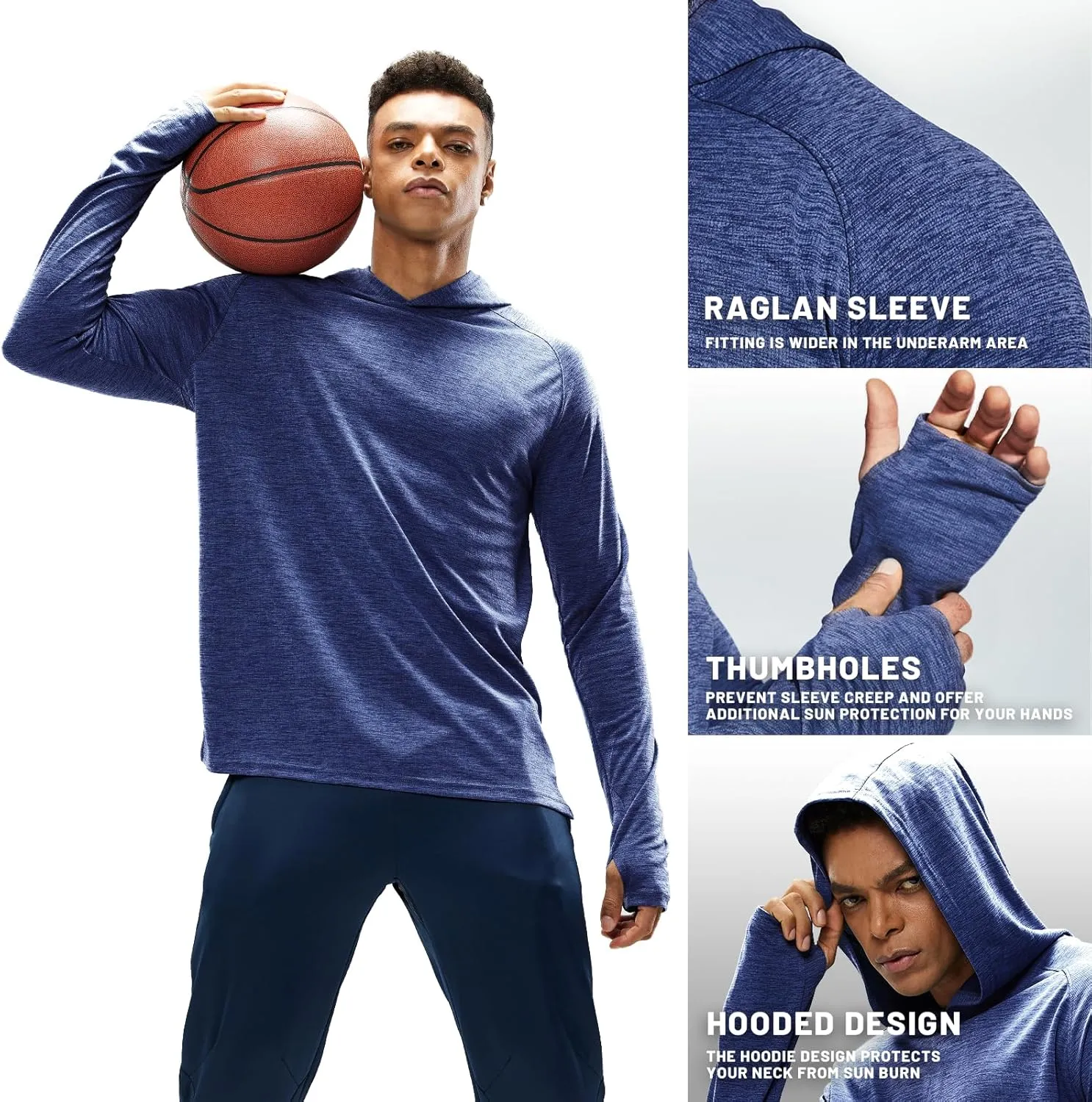 MIER Men's UPF 50  Sun Protection Hoodie Long Sleeve SPF Fishing Hiking Running Thumbhole Shirts Hooded Quick Dry Lightweight