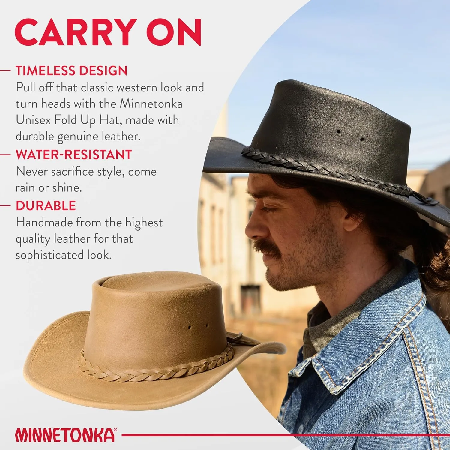 Minnetonka Unisex Fold Up Hat - Flat Brimmed Cowboy Hat with Portable Fold-Up Design and Reinforced Brim
