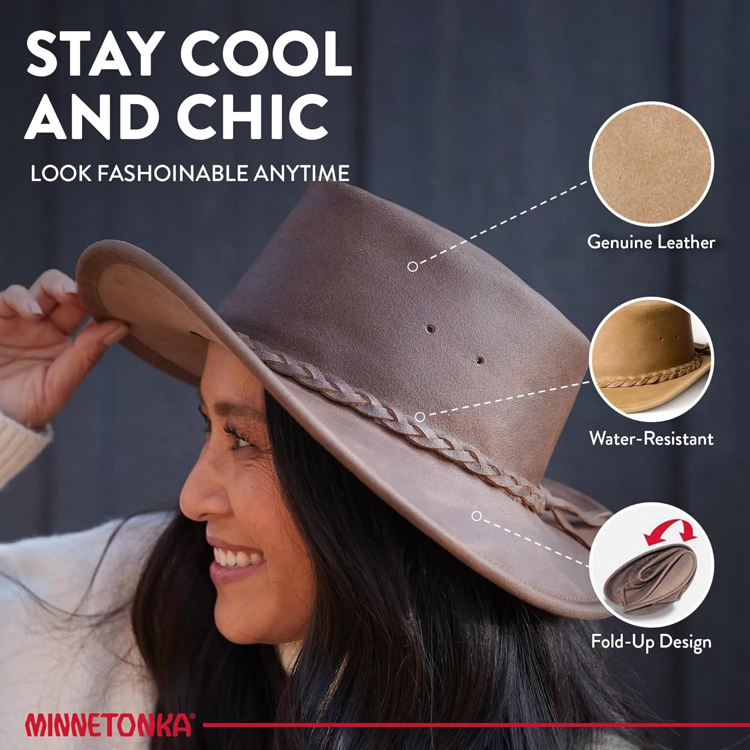Minnetonka Unisex Fold Up Hat - Flat Brimmed Cowboy Hat with Portable Fold-Up Design and Reinforced Brim