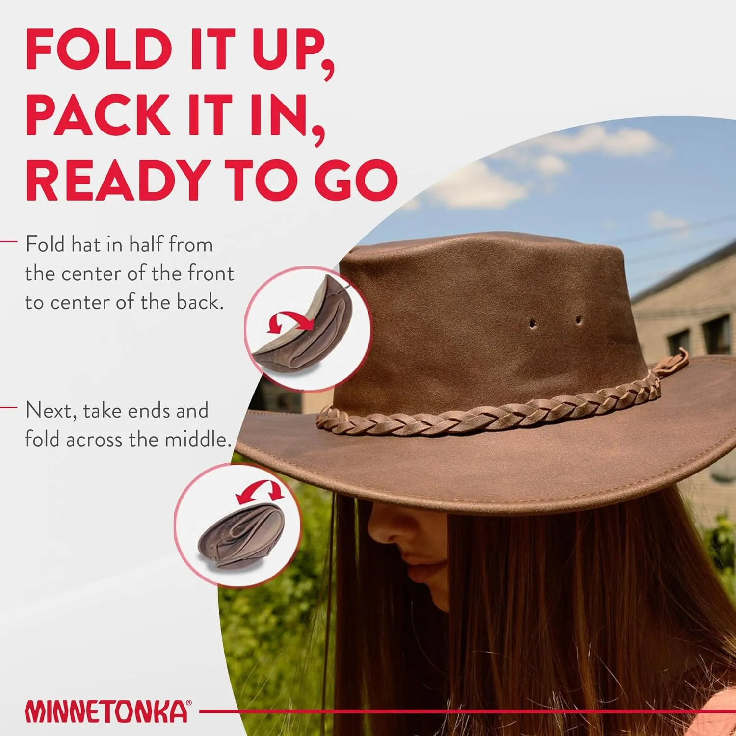 Minnetonka Unisex Fold Up Hat - Flat Brimmed Cowboy Hat with Portable Fold-Up Design and Reinforced Brim