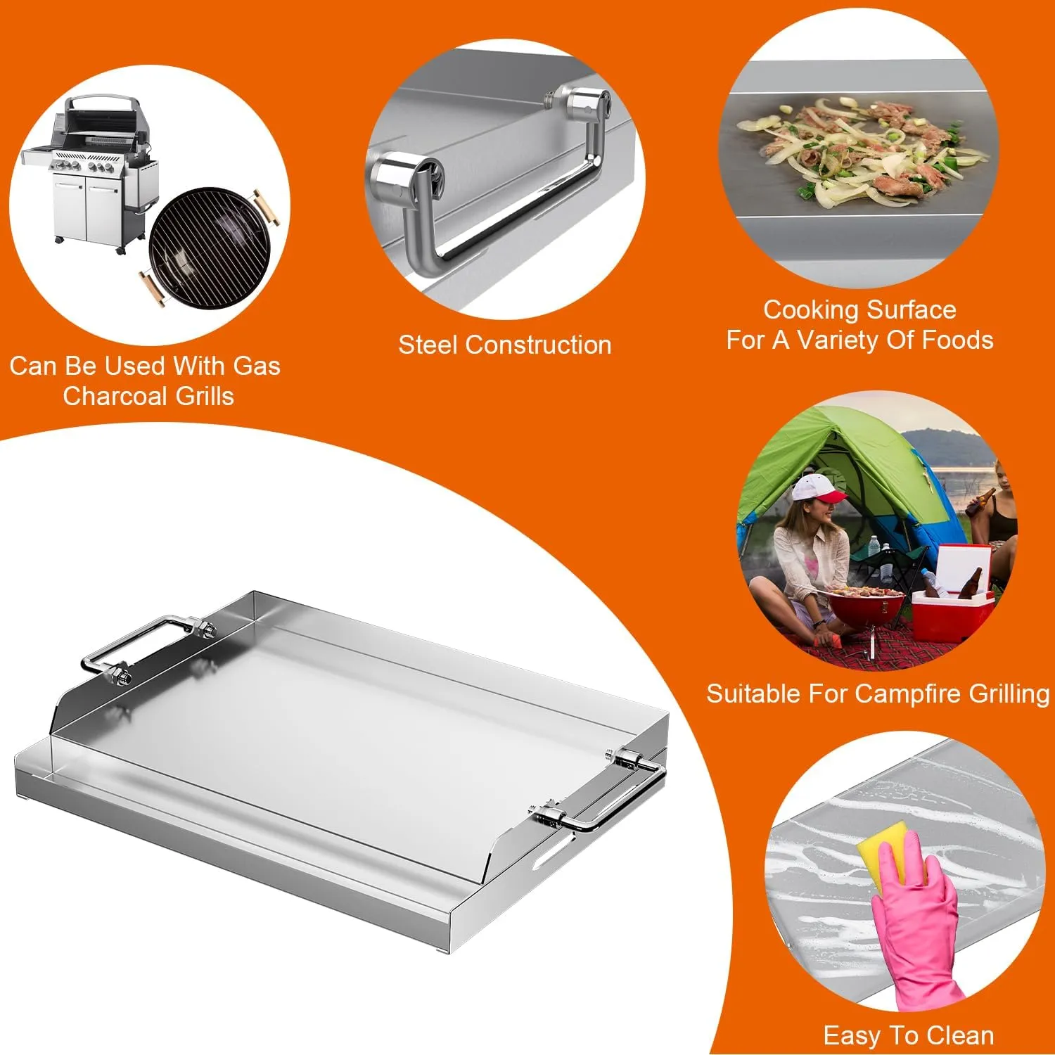 MixRBBQ Universal Stainless Steel Griddle for Gas Grill, 17" X13" Flat Top Grill with Foldable Handles for Stove, BBQ Charcoal/Gas Grills, Parties Grilling