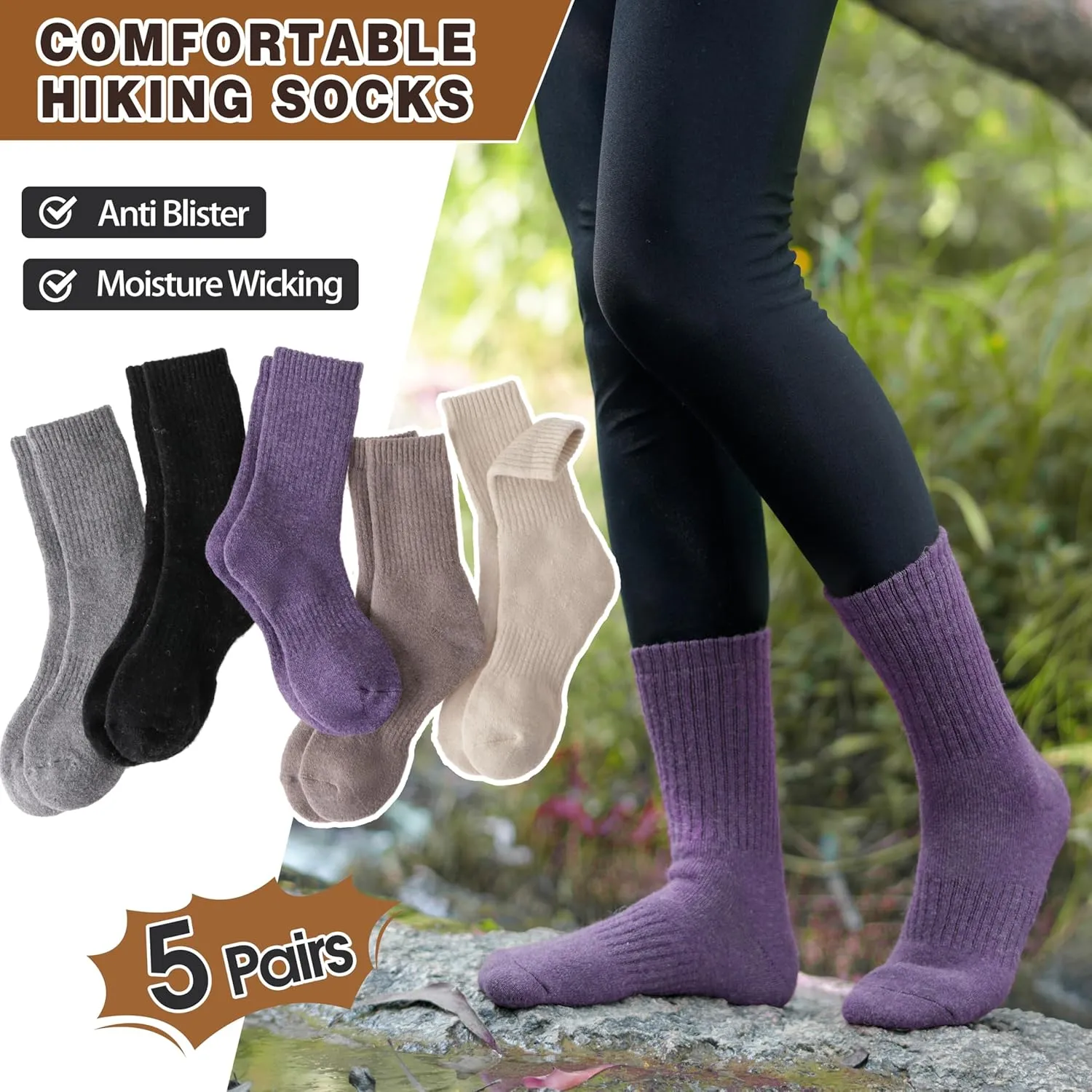 MOGGEI 5 Pairs Womens Merino Wool Socks Hiking Warm Winter Thick Thermal Crew Cozy Cabin Ladies Gift Comfy Boot Work Socks