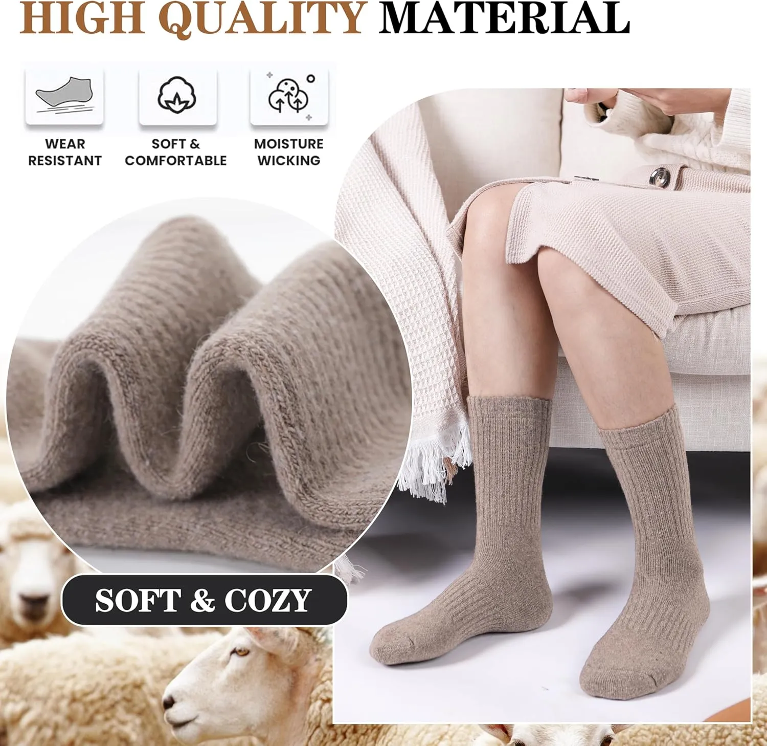 MOGGEI 5 Pairs Womens Merino Wool Socks Hiking Warm Winter Thick Thermal Crew Cozy Cabin Ladies Gift Comfy Boot Work Socks