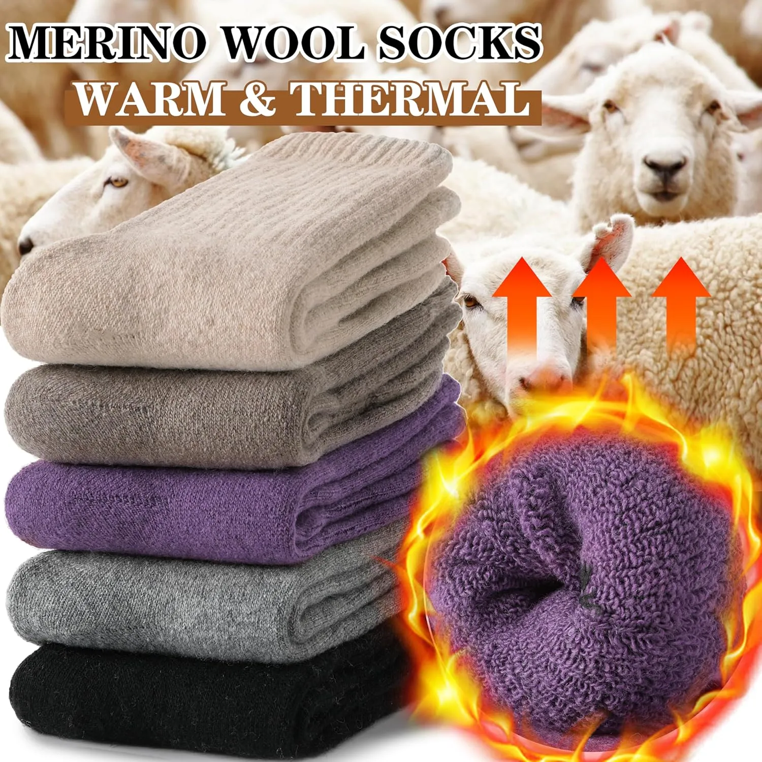 MOGGEI 5 Pairs Womens Merino Wool Socks Hiking Warm Winter Thick Thermal Crew Cozy Cabin Ladies Gift Comfy Boot Work Socks