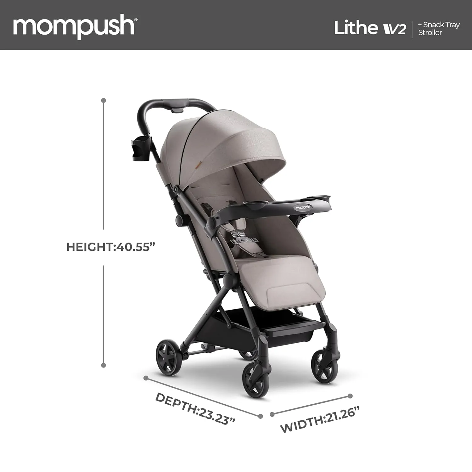 Mompush Lithe V2 Lightweight Stroller with Snack Tray, Ultra-Compact Fold & Airplane Ready Travel Stroller, Near Flat Recline Seat, Cup Holder, Raincover & Travelbag Included