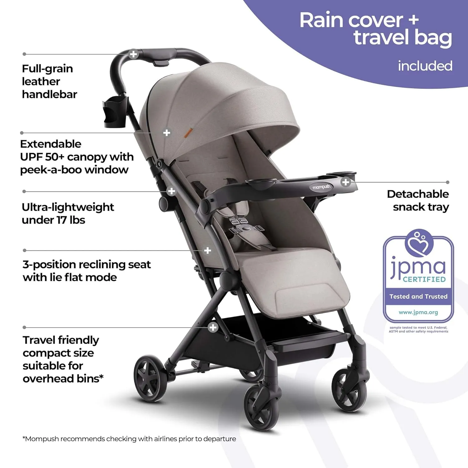 Mompush Lithe V2 Lightweight Stroller with Snack Tray, Ultra-Compact Fold & Airplane Ready Travel Stroller, Near Flat Recline Seat, Cup Holder, Raincover & Travelbag Included