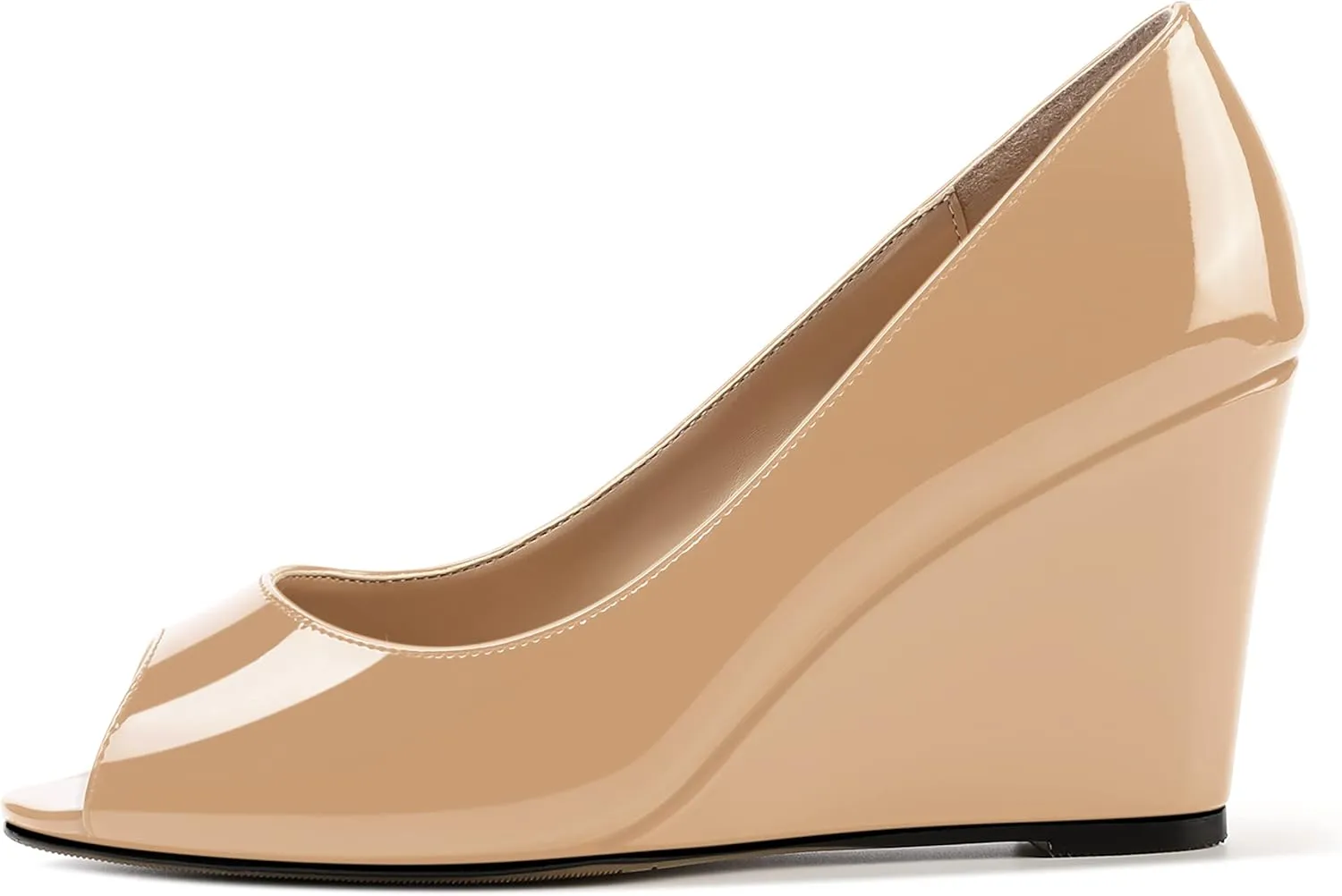 MOVINSTEPS Womens Slip On Work Patent Peep Toe Fashion Wedge High Heel Pumps Shoes 3.3 Inch