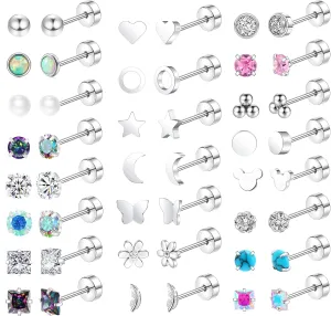 MOZAKA 23 Pairs Hypoallergenic Titanium Earrings for Women Cute Heart CZ Flower Pearl Ball Tiny Flat Back Earrings G23 Titanium Earrings for Sensitive Ear