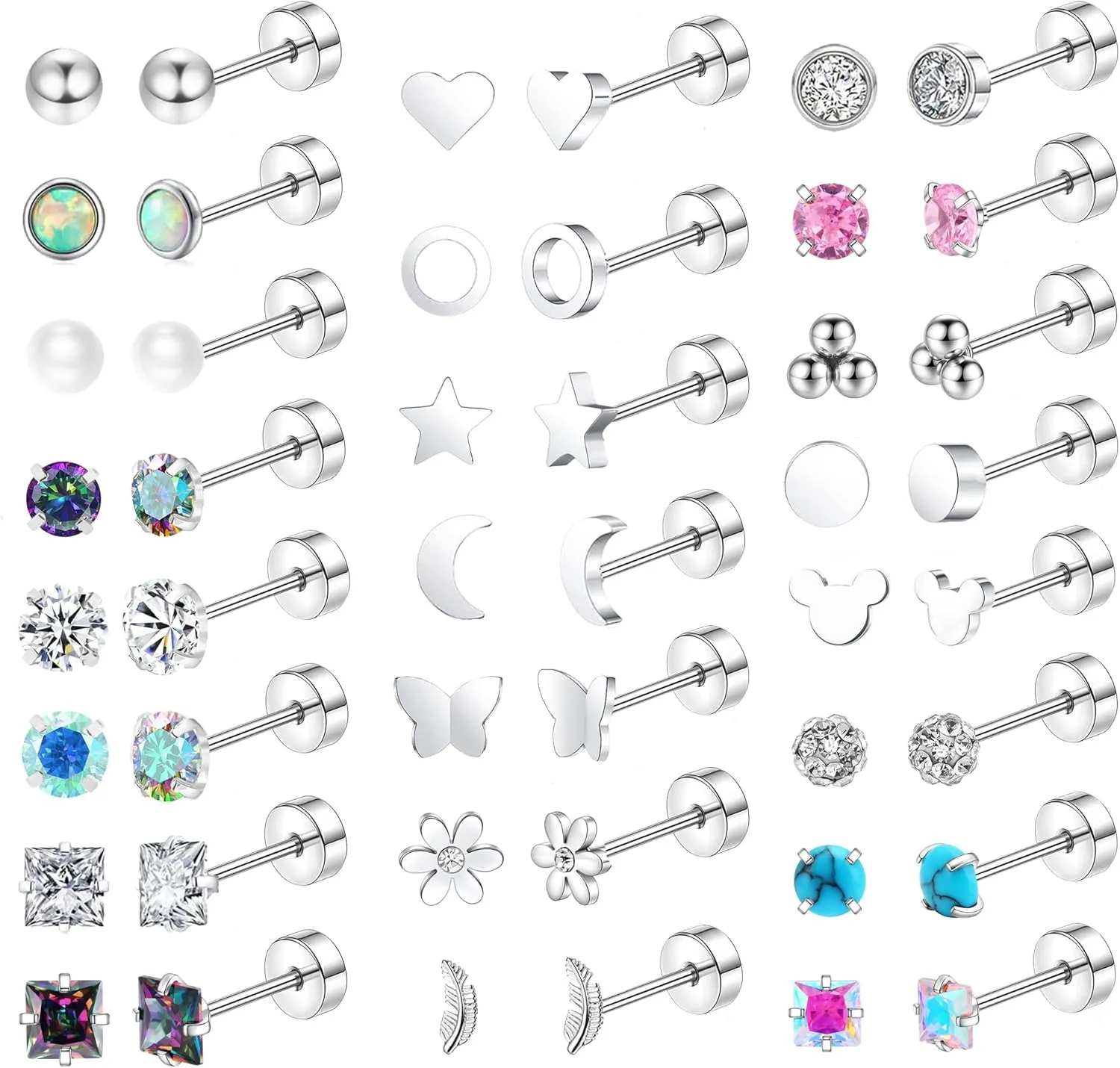 MOZAKA 23 Pairs Hypoallergenic Titanium Earrings for Women Cute Heart CZ Flower Pearl Ball Tiny Flat Back Earrings G23 Titanium Earrings for Sensitive Ear