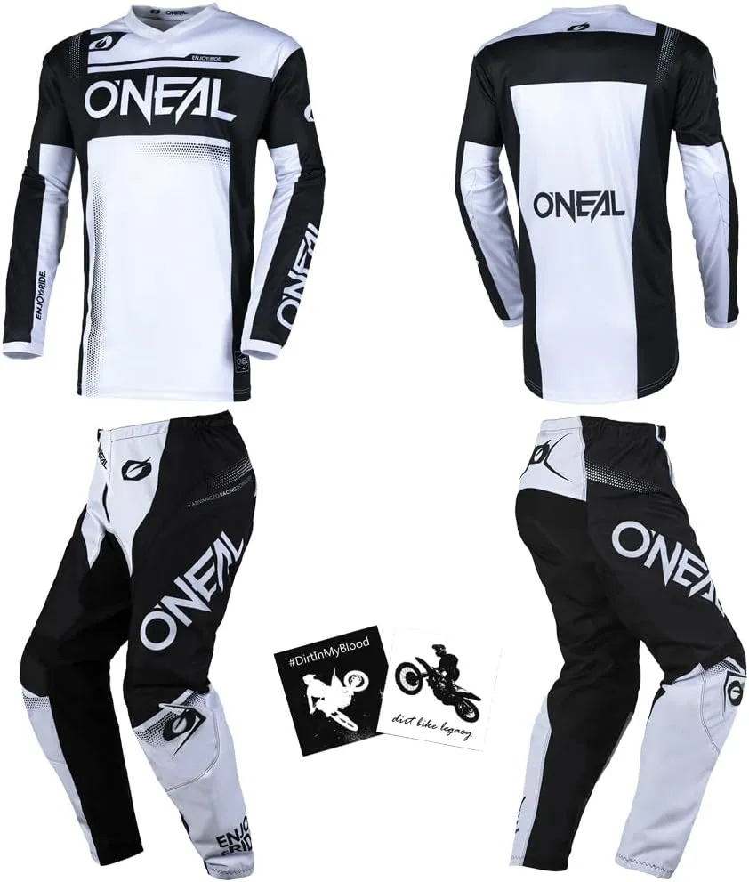 MX Outfit O'Neal Element Racewear Black White Men (W32/Medium) Protective Pants Jersey dirt bike bundle motocross off-road combo set