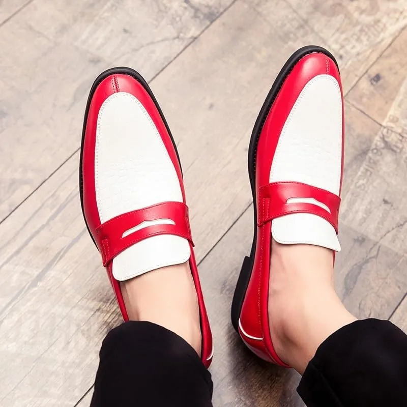New Formal Shoes for Men Slip On Round Toe Two Tone PU Leather Penny Loafer Block Heel Low Top Non Slip Rubber Sole Slip Resistant Walking