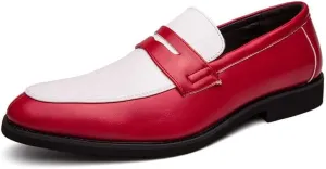 New Formal Shoes for Men Slip On Round Toe Two Tone PU Leather Penny Loafer Block Heel Low Top Non Slip Rubber Sole Slip Resistant Walking