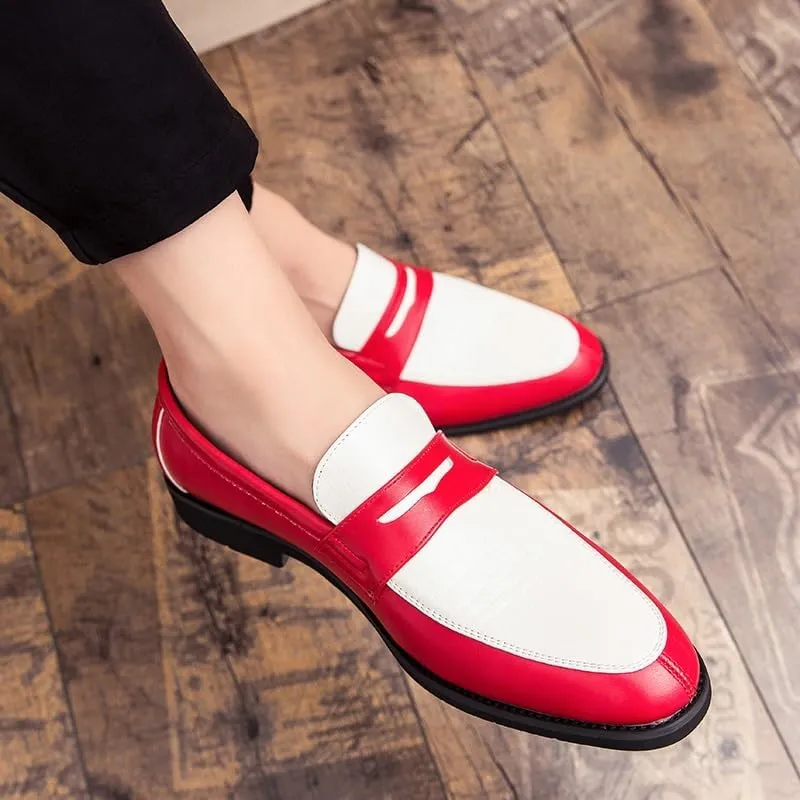 New Formal Shoes for Men Slip On Round Toe Two Tone PU Leather Penny Loafer Block Heel Low Top Non Slip Rubber Sole Slip Resistant Walking
