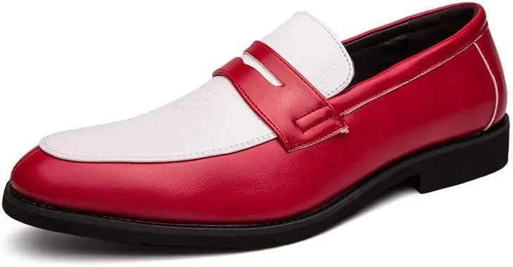New Formal Shoes for Men Slip On Round Toe Two Tone PU Leather Penny Loafer Block Heel Low Top Non Slip Rubber Sole Slip Resistant Walking