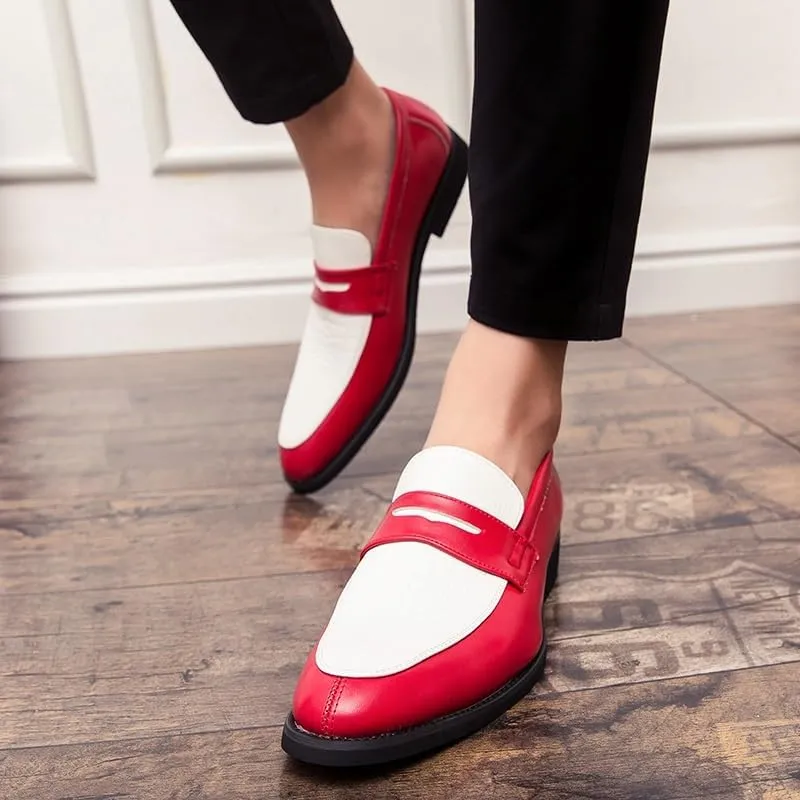 New Formal Shoes for Men Slip On Round Toe Two Tone PU Leather Penny Loafer Block Heel Low Top Non Slip Rubber Sole Slip Resistant Walking