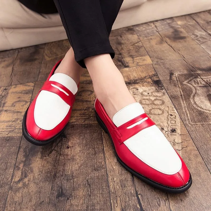 New Formal Shoes for Men Slip On Round Toe Two Tone PU Leather Penny Loafer Block Heel Low Top Non Slip Rubber Sole Slip Resistant Walking