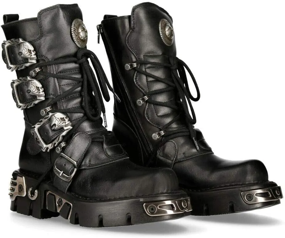 New Rock Women's Metallic 391 Black Reactor Skull Devil Goth Punk Leather Calf Boots