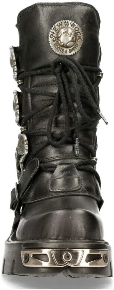 New Rock Women's Metallic 391 Black Reactor Skull Devil Goth Punk Leather Calf Boots