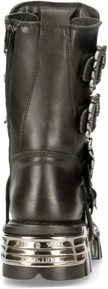 New Rock Women's Metallic 391 Black Reactor Skull Devil Goth Punk Leather Calf Boots