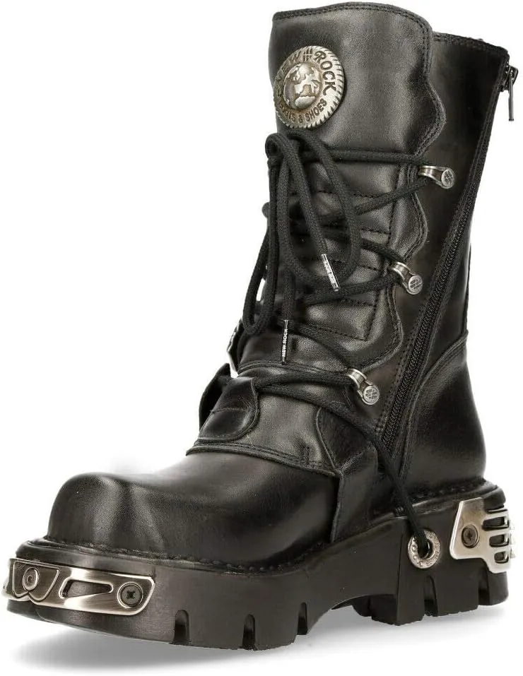 New Rock Women's Metallic 391 Black Reactor Skull Devil Goth Punk Leather Calf Boots
