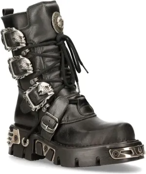 New Rock Women's Metallic 391 Black Reactor Skull Devil Goth Punk Leather Calf Boots