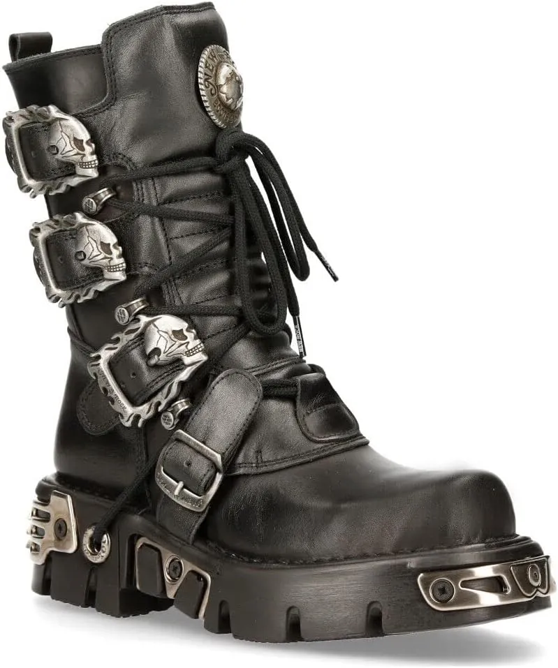 New Rock Women's Metallic 391 Black Reactor Skull Devil Goth Punk Leather Calf Boots