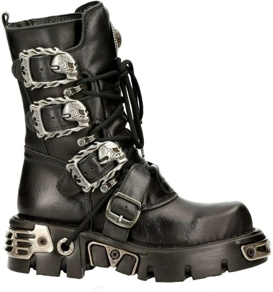 New Rock Women's Metallic 391 Black Reactor Skull Devil Goth Punk Leather Calf Boots