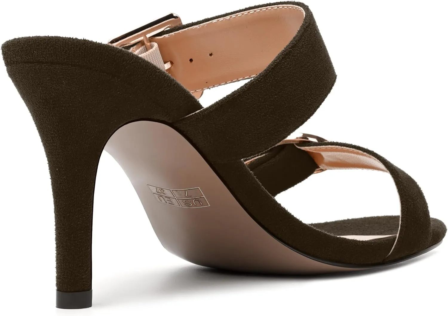 NUMALEO Womens Evening Sexy Round Toe Slip On Two Strap Buckle Suede Stiletto High Heel Heeled Sandals 3.3 Inch