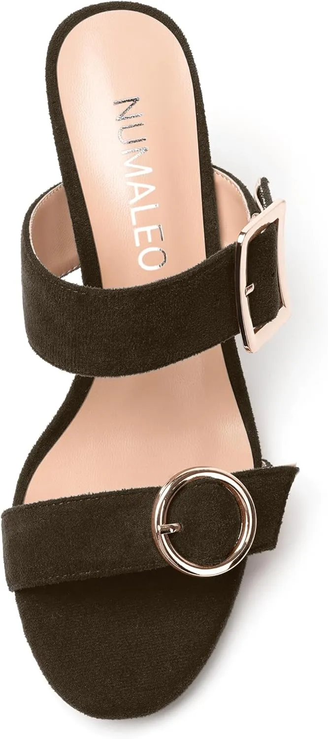 NUMALEO Womens Evening Sexy Round Toe Slip On Two Strap Buckle Suede Stiletto High Heel Heeled Sandals 3.3 Inch