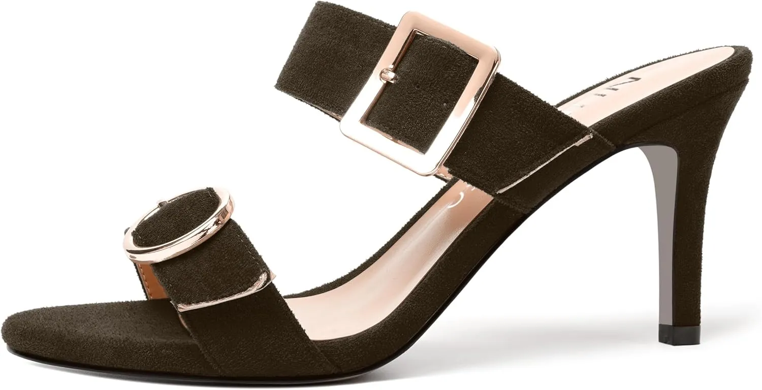 NUMALEO Womens Evening Sexy Round Toe Slip On Two Strap Buckle Suede Stiletto High Heel Heeled Sandals 3.3 Inch