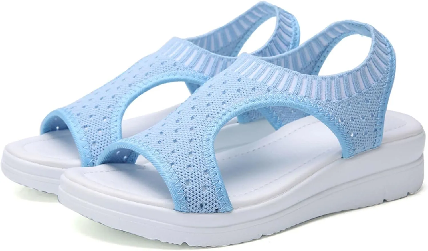 oiangi Knitted Wedge Sandals for Women Fashion Fish Mouth Open Toe Hollow Mesh Breathable Slip-on Platform Sport Sandals Summer Stretchy Comfy Walking Shoes