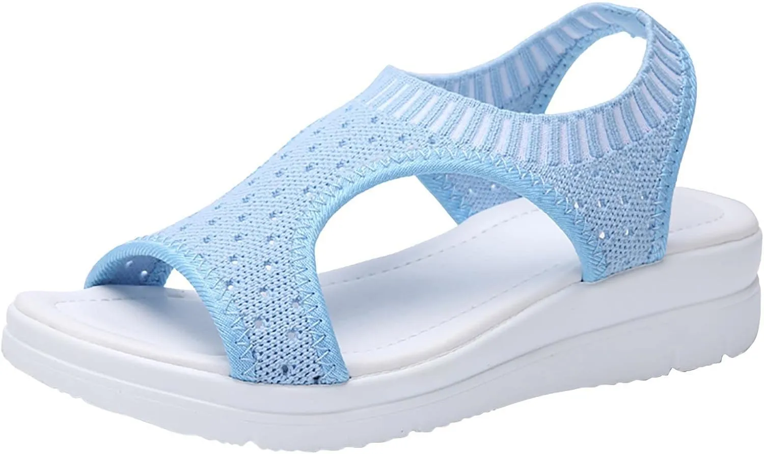 oiangi Knitted Wedge Sandals for Women Fashion Fish Mouth Open Toe Hollow Mesh Breathable Slip-on Platform Sport Sandals Summer Stretchy Comfy Walking Shoes