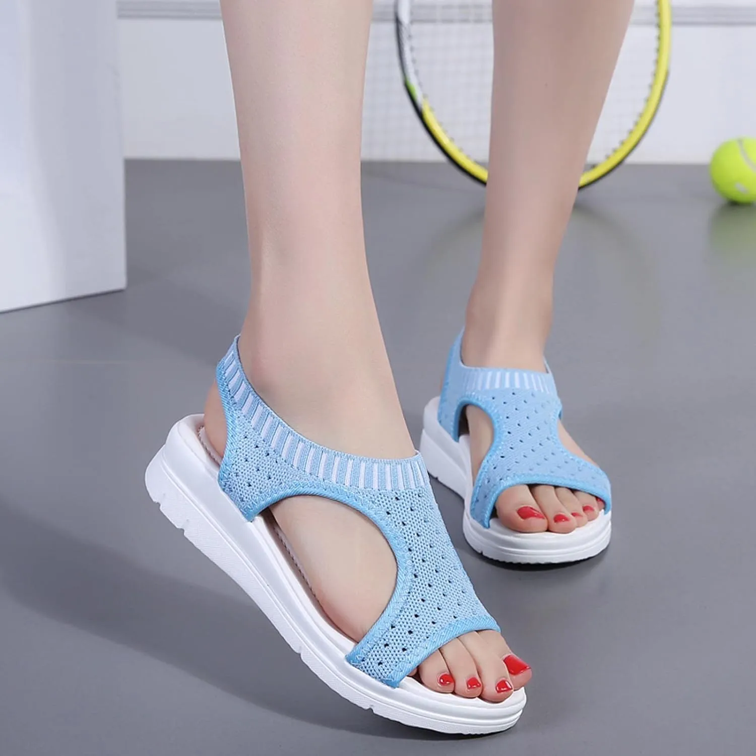 oiangi Knitted Wedge Sandals for Women Fashion Fish Mouth Open Toe Hollow Mesh Breathable Slip-on Platform Sport Sandals Summer Stretchy Comfy Walking Shoes