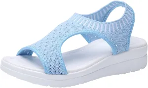 oiangi Knitted Wedge Sandals for Women Fashion Fish Mouth Open Toe Hollow Mesh Breathable Slip-on Platform Sport Sandals Summer Stretchy Comfy Walking Shoes