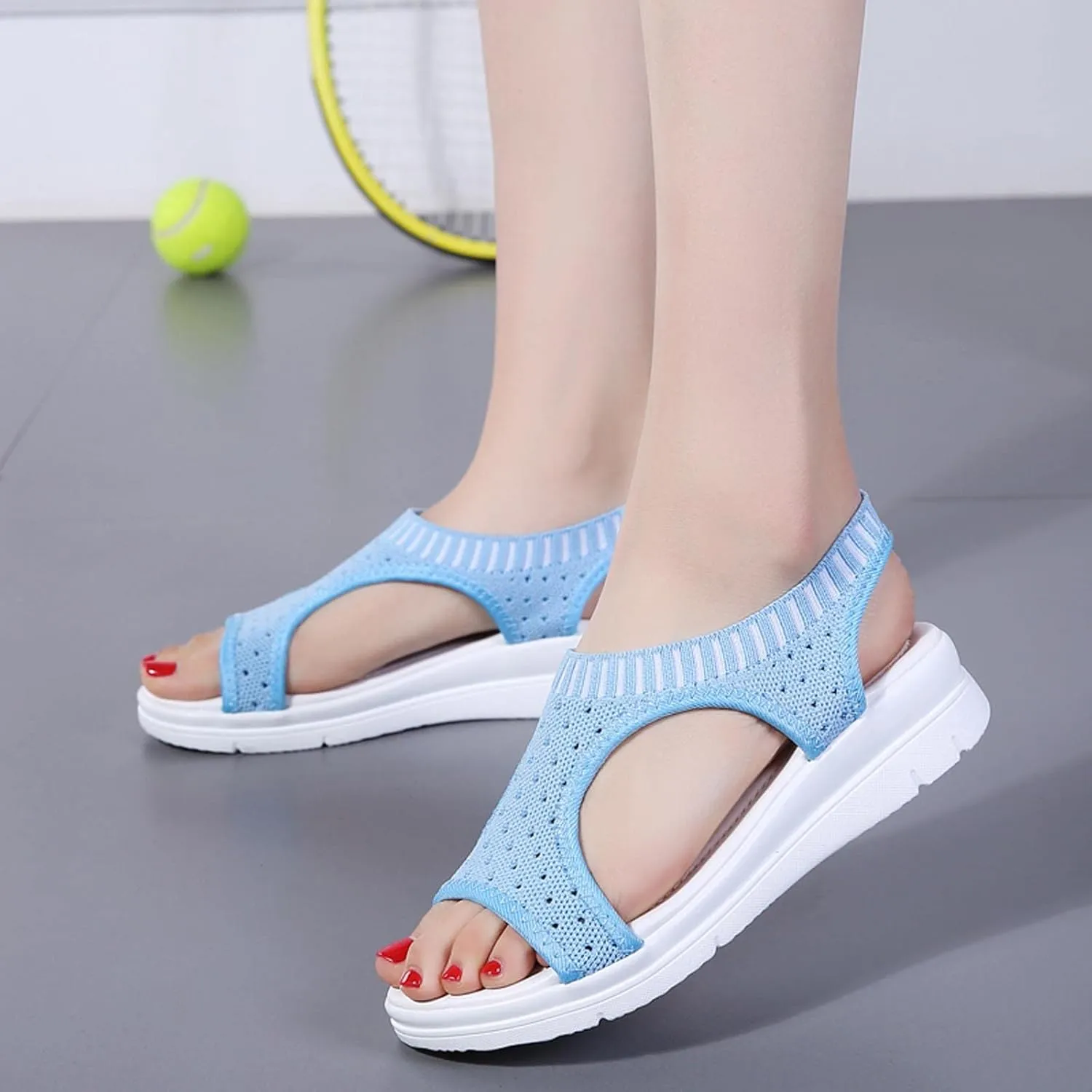 oiangi Knitted Wedge Sandals for Women Fashion Fish Mouth Open Toe Hollow Mesh Breathable Slip-on Platform Sport Sandals Summer Stretchy Comfy Walking Shoes