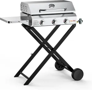 Onlyfire Portable Gas Griddle 3-Burner with Foldable Cart & Side Table, Stainless Steel Flat Top Gas Grill Griddle Stove with Lid, for Outdoor Cooking Patio Backyard Camping RV Tailgating, GS310