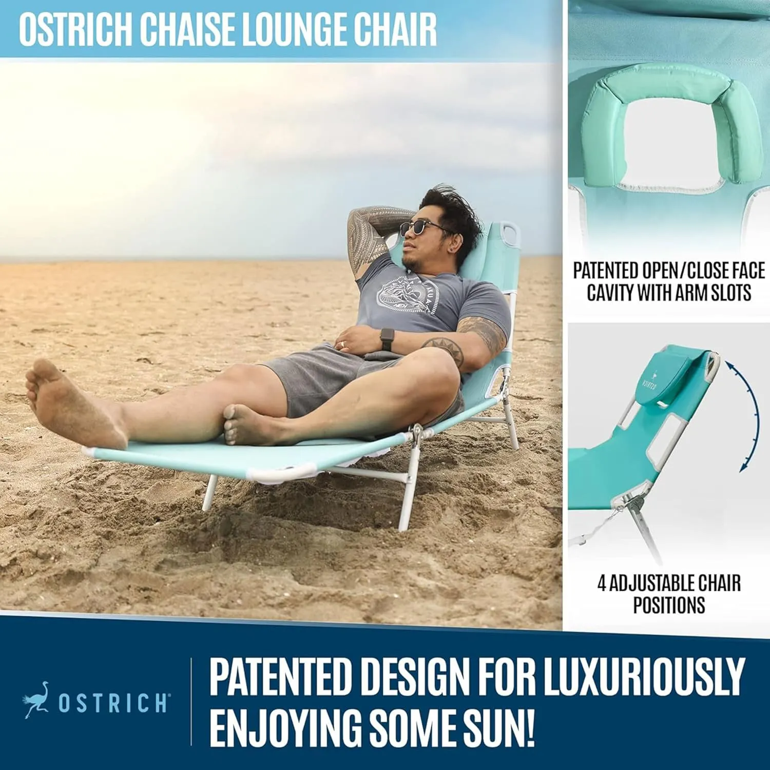 Ostrich 72 by 22 Inch Versatile Chaise Lounge Portable Reclining Lounger, Outdoor Patio, Beach, Lawn, Camping, or Pool Tanning Chair, Aqua