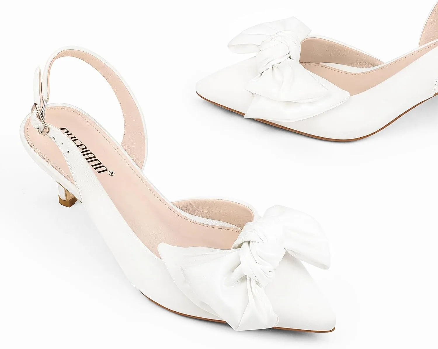 Ouepiano Kitten Heels with Bow - Slingback Pointed Toe Low Heels Adjustable Elastic Strap with Buckle Slip On Satin Pumps for Bridal Wedding Party