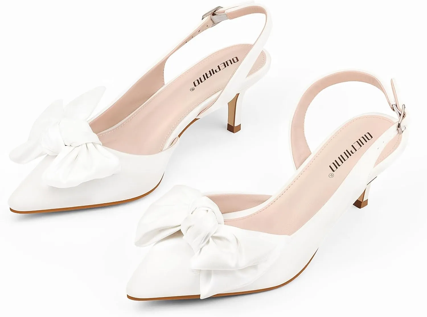 Ouepiano Kitten Heels with Bow - Slingback Pointed Toe Low Heels Adjustable Elastic Strap with Buckle Slip On Satin Pumps for Bridal Wedding Party