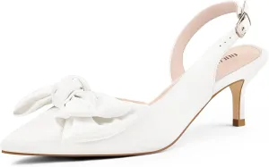 Ouepiano Kitten Heels with Bow - Slingback Pointed Toe Low Heels Adjustable Elastic Strap with Buckle Slip On Satin Pumps for Bridal Wedding Party