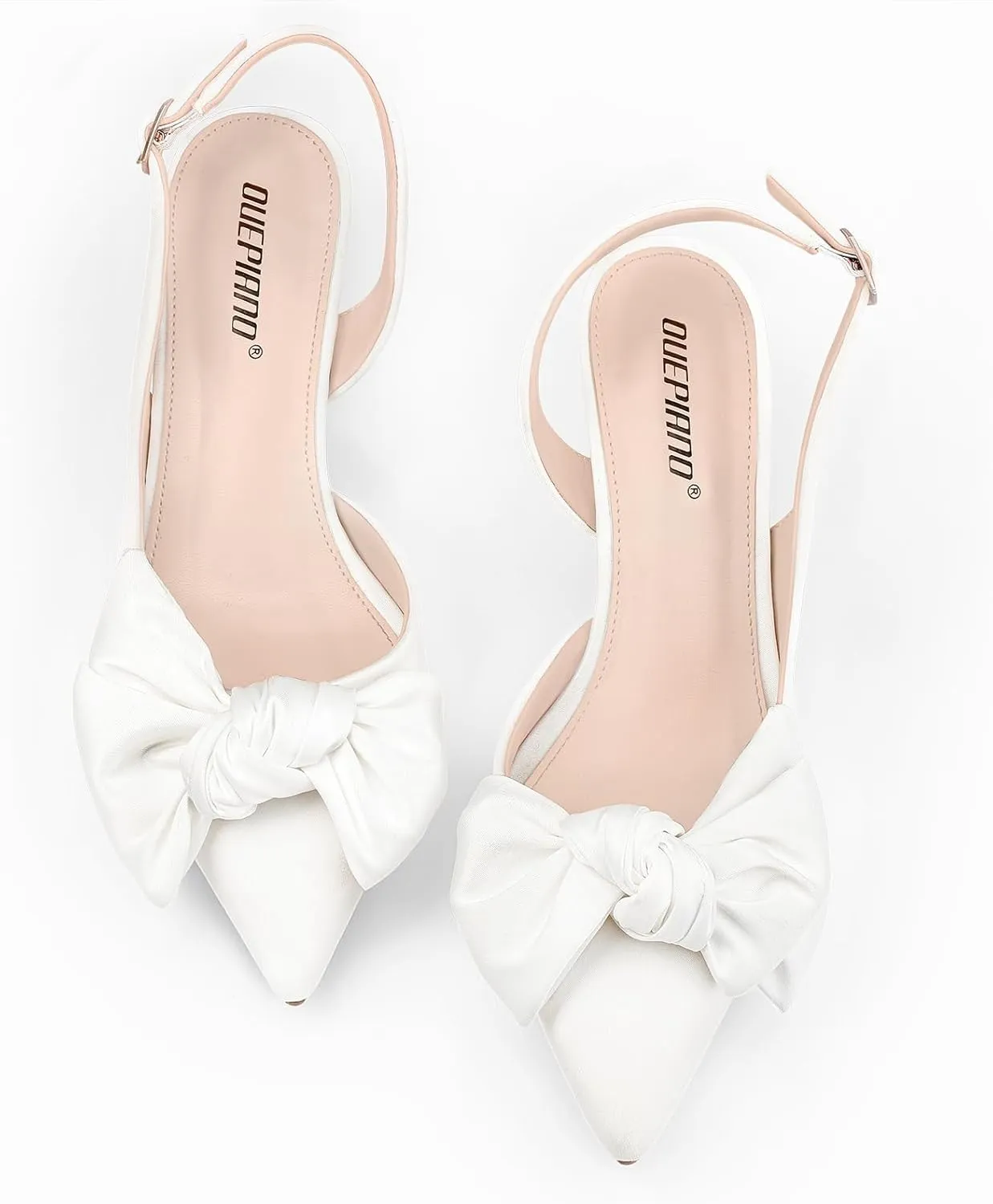Ouepiano Kitten Heels with Bow - Slingback Pointed Toe Low Heels Adjustable Elastic Strap with Buckle Slip On Satin Pumps for Bridal Wedding Party