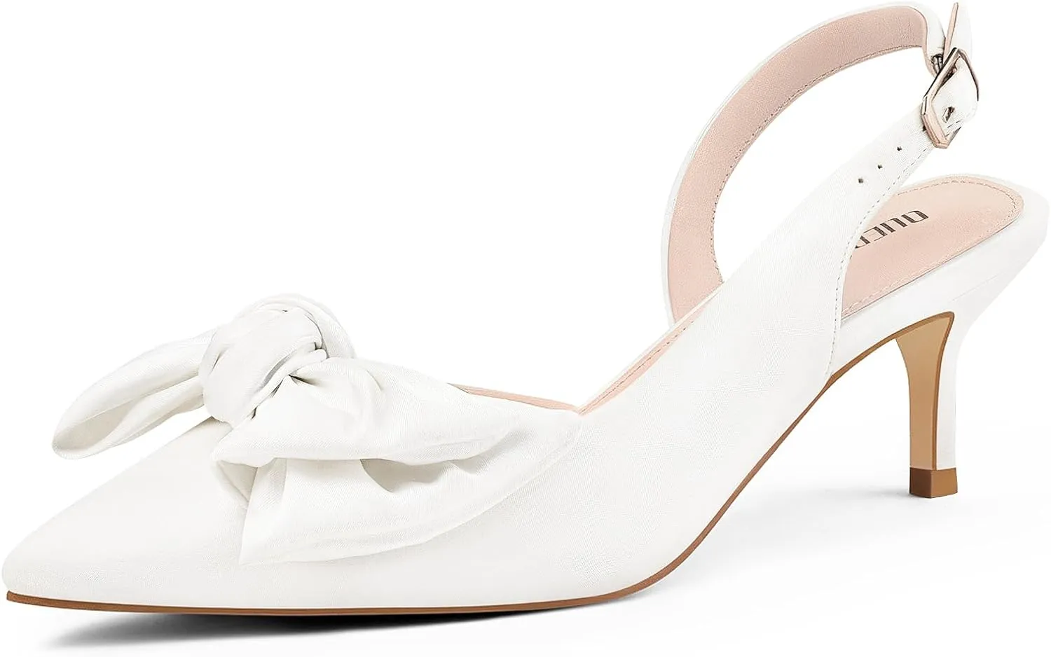 Ouepiano Kitten Heels with Bow - Slingback Pointed Toe Low Heels Adjustable Elastic Strap with Buckle Slip On Satin Pumps for Bridal Wedding Party