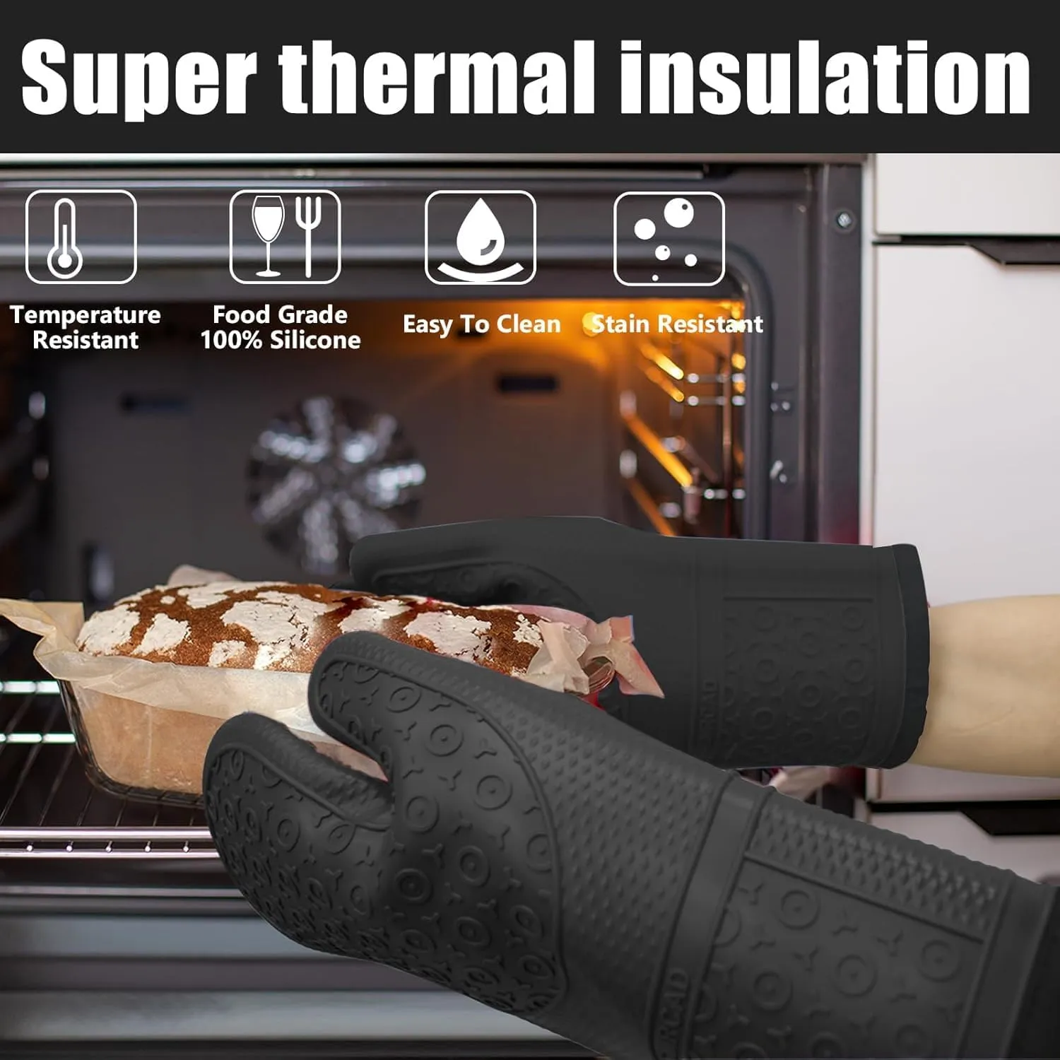 Oven Mitts with Heat-Resistant Hot Pads and Five Silicone Spatulas Designed for Kitchen Baking Cooking, Oven Glove Soft Cotton Lining, Waterproof, BPA-Free (Black& Trivet, 12.6)
